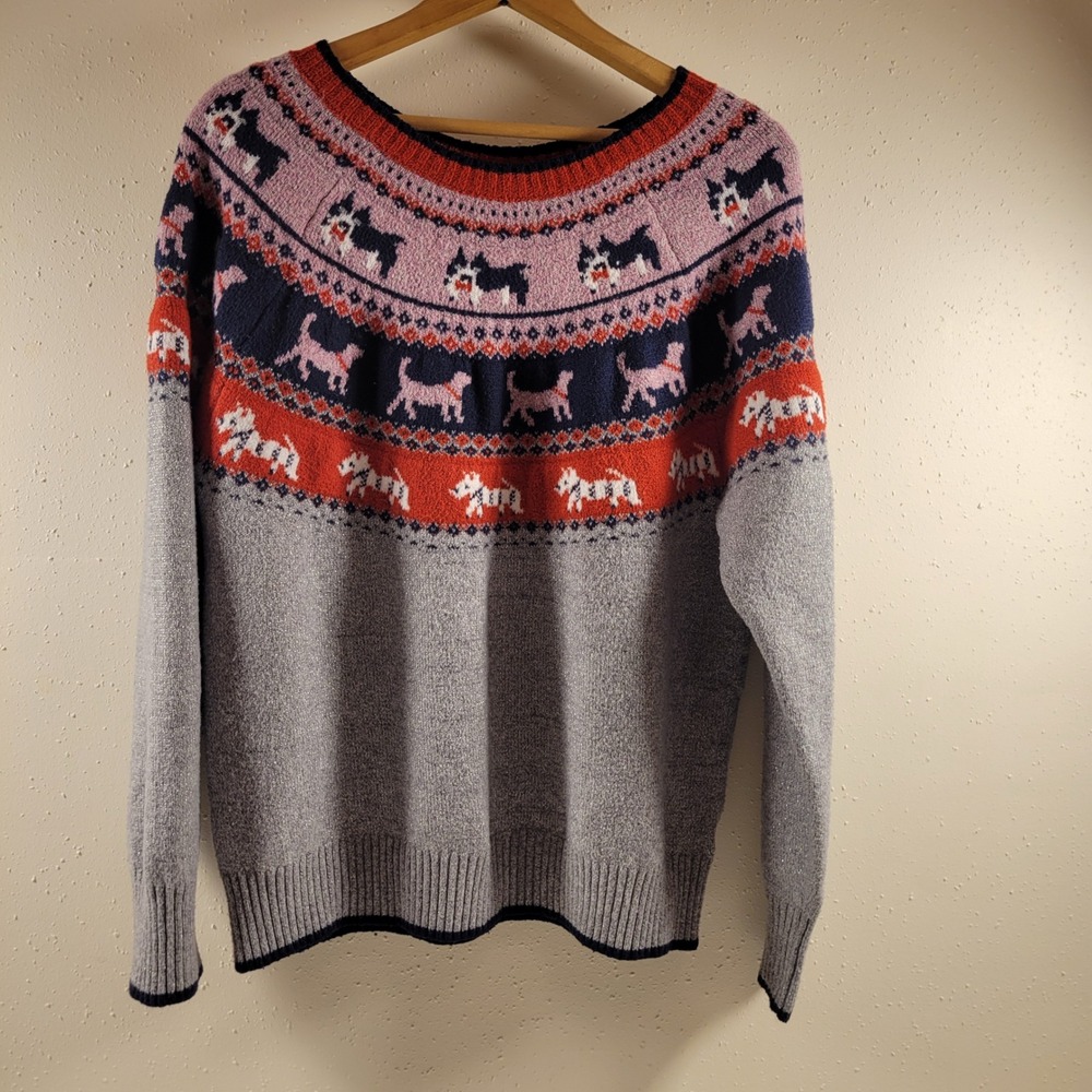 Holiday Time Sweater Women XL Grey Excellent Dog Fair Isle Metallic HTL49476